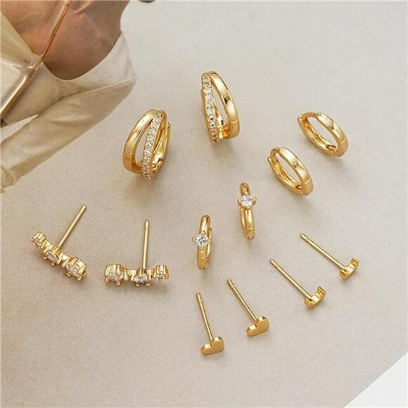 Gold Hoop Earrings Set 14K Plated Hypoallergenic Studs Multiple Piercings - Picture 6 of 7